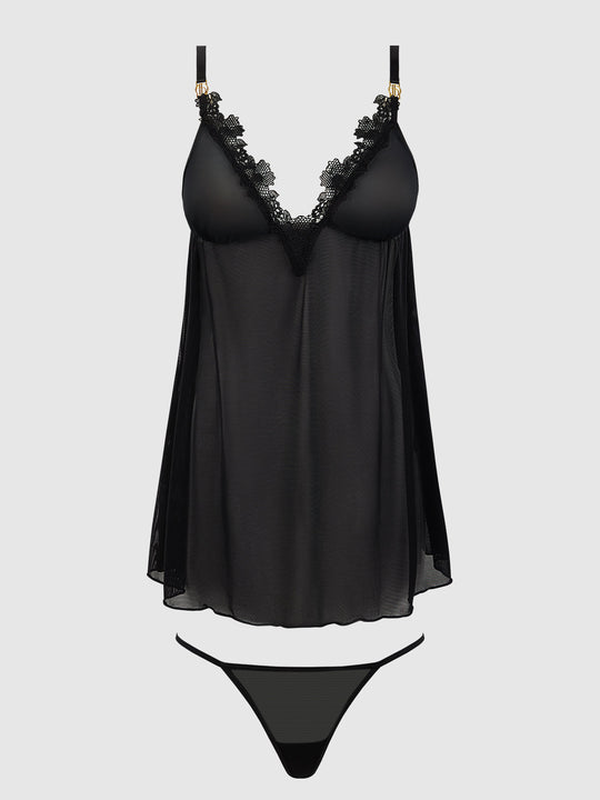 Ashley Alexiss Lace & Mesh Babydoll & G-String Set from Love It Curvy