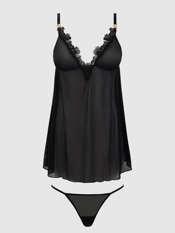 Ashley Alexiss Lace & Mesh Babydoll & G-String Set from Love It Curvy