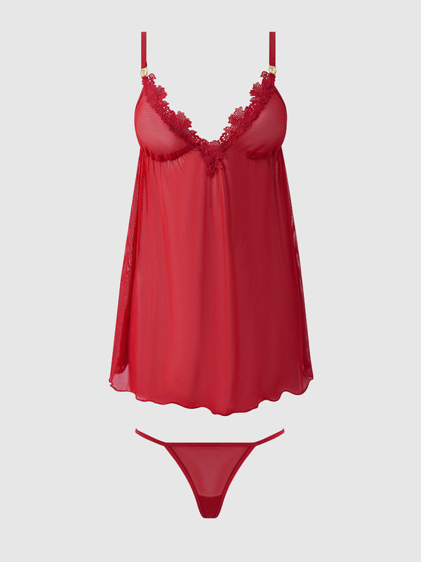 Ashley Alexiss Lace & Mesh Babydoll & G-String Set from Love It Curvy
