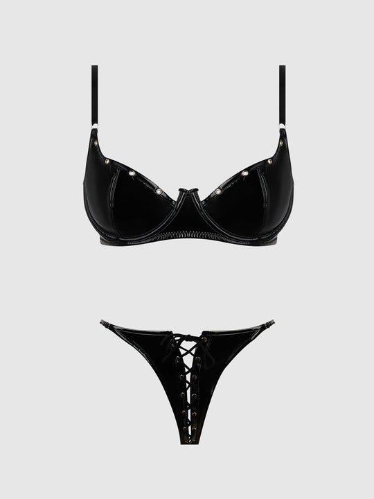 Trinity Patent Bra & Lace Up Crotchless Panty Set from Love It Curvy