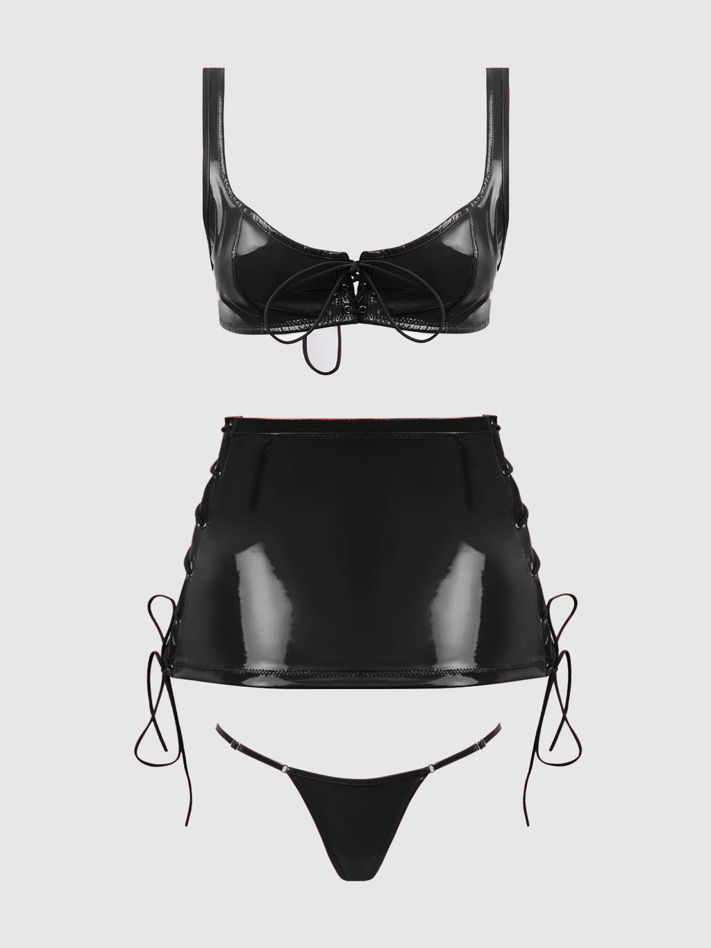 Trinity Patent Lace Up Bralette, Skirt & G-String Set from Love It Curvy