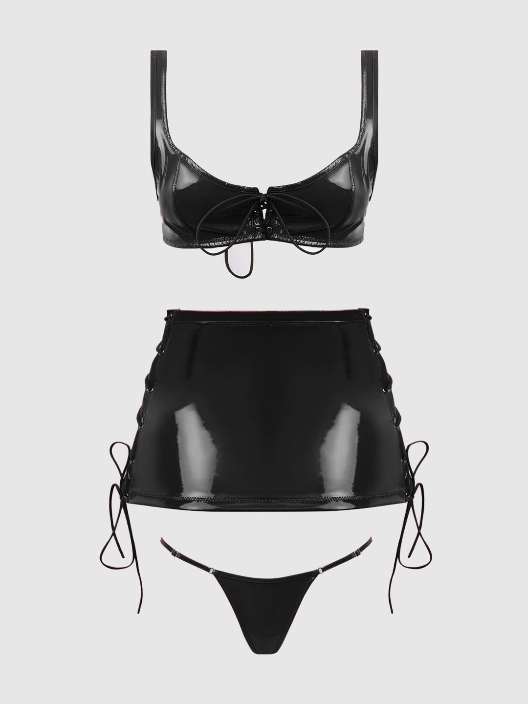 Trinity Patent Lace Up Bralette, Skirt &amp; G-String Set from Love It Curvy