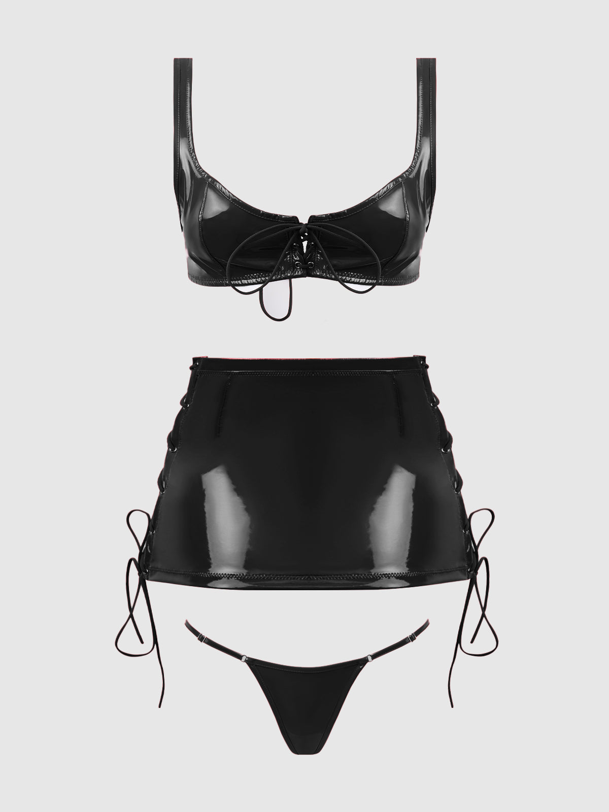 Trinity Patent Lace Up Bralette, Skirt & G-String Set from Love It Curvy
