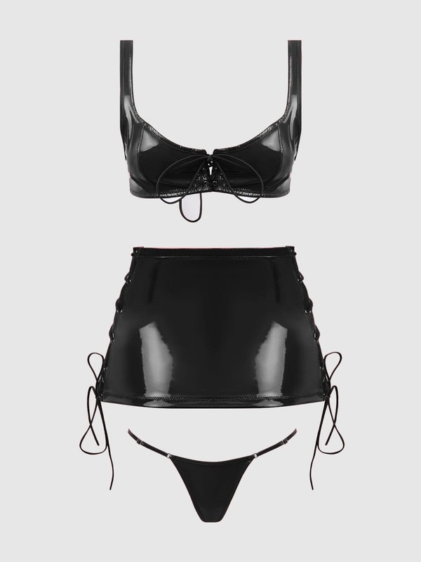 Trinity Patent Lace Up Bralette, Skirt & G-String Set from Love It Curvy
