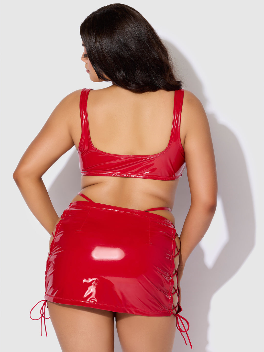 Trinity Patent Lace Up Bralette, Skirt &amp; G-String Set from Love It Curvy