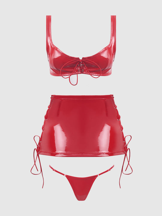 Trinity Patent Lace Up Bralette, Skirt & G-String Set from Love It Curvy