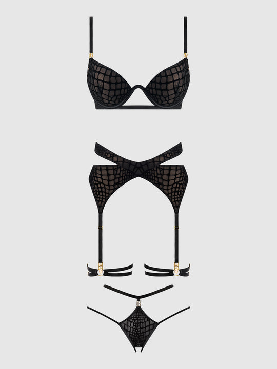 Snake Velvet-Burnout Mesh Bra, Garter, & Backess Hipster Set from Love It Curvy