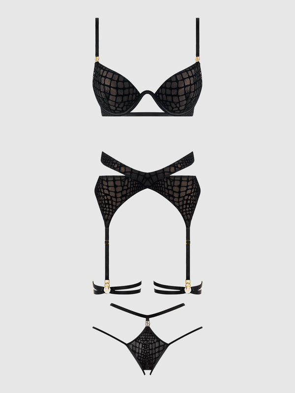 Snake Velvet-Burnout Mesh Bra, Garter, & Backess Hipster Set from Love It Curvy