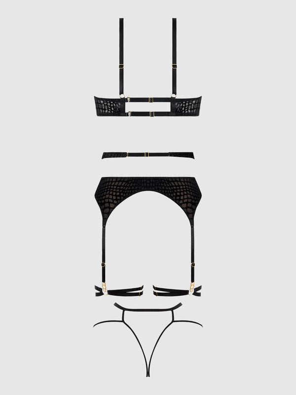 Snake Velvet-Burnout Mesh Bra, Garter, & Backess Hipster Set from Love It Curvy
