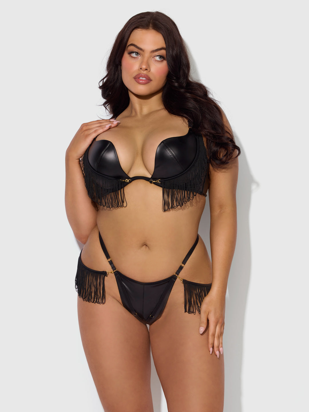 Phoenix Faux Leather &amp; Fringe Push Up Bra &amp; Thong Set from Love It Curvy