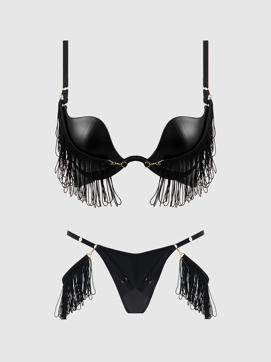 Phoenix Faux Leather & Fringe Push Up Bra & Thong Set from Love It Curvy