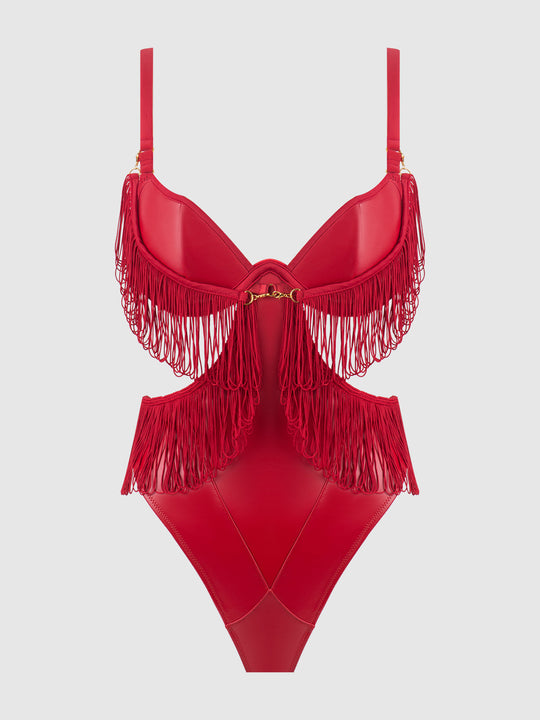 Phoenix Faux Leather & Fringe Crotchless Teddy from Love It Curvy