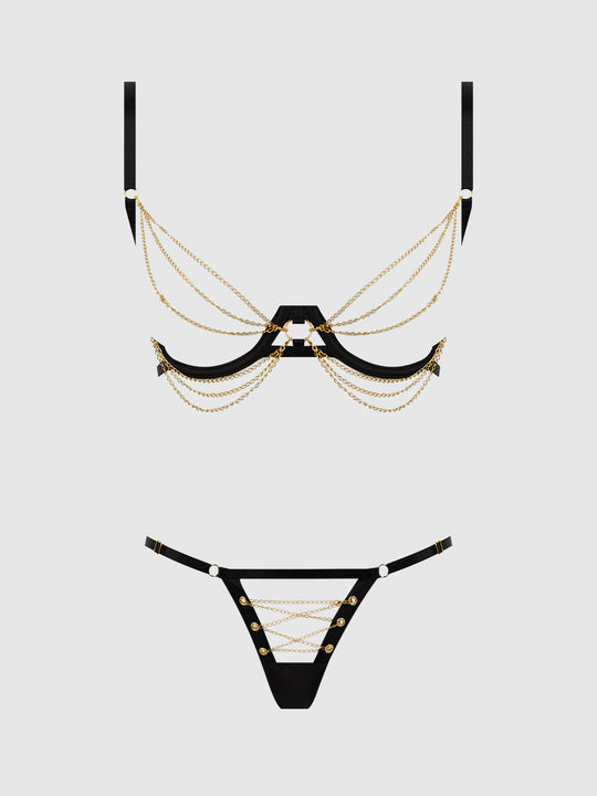 Eve Satin & Chain Open Cup Bra & G-String Set from Love It Curvy
