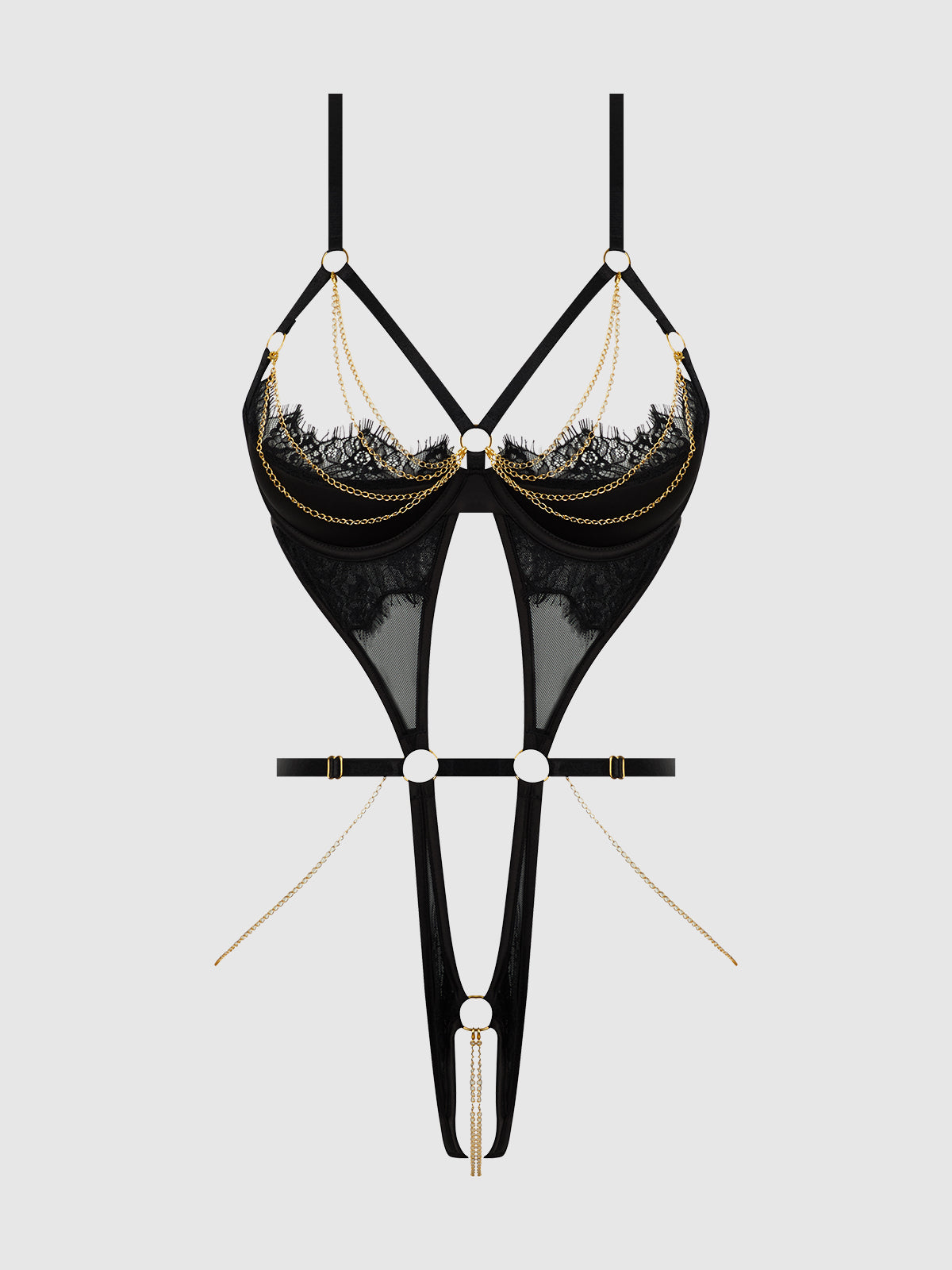 Eve Lace & Chain Open Cup & Crotchless Harness Teddy | Love It Curvy Secondary image