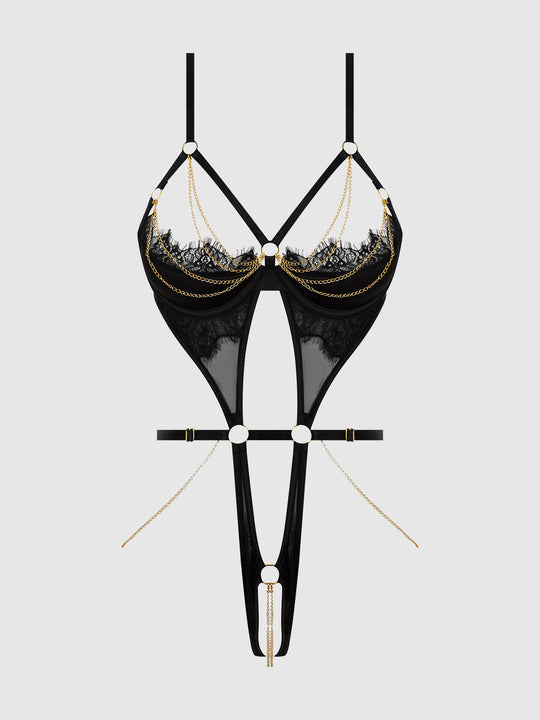Eve Lace & Chain Open Cup & Crotchless Harness Teddy from Love It Curvy