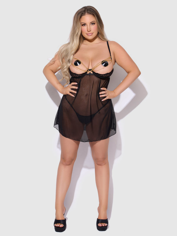 Eve Lace, Chain & Mesh Open Cup Babydoll & G-String Set from Love It Curvy