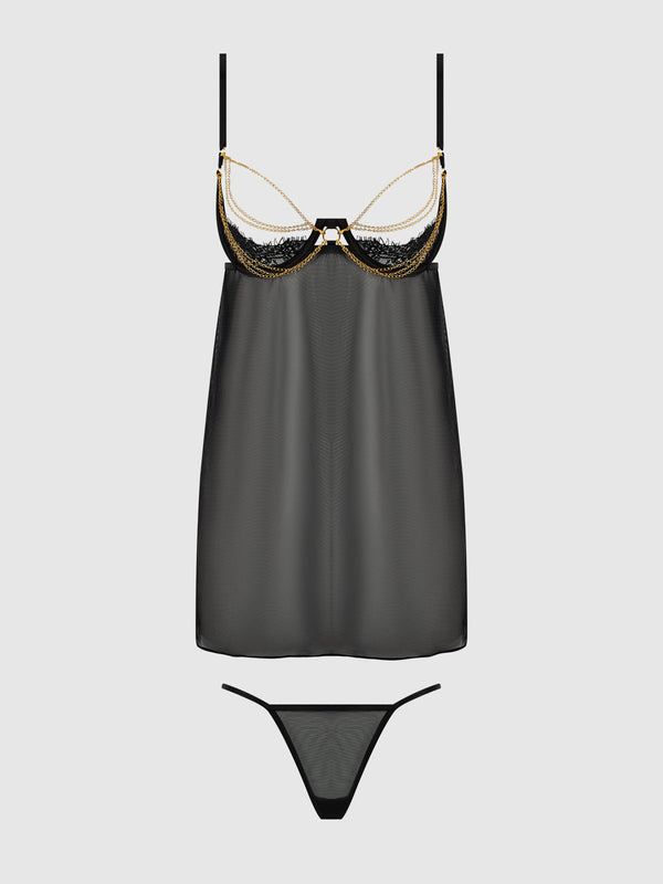 Eve Lace, Chain & Mesh Open Cup Babydoll & G-String Set from Love It Curvy