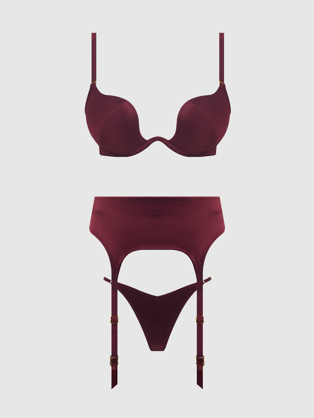 Brigeta Satin Deep Plunge Push Up Bra, Garter & Thong Set from Love It Curvy