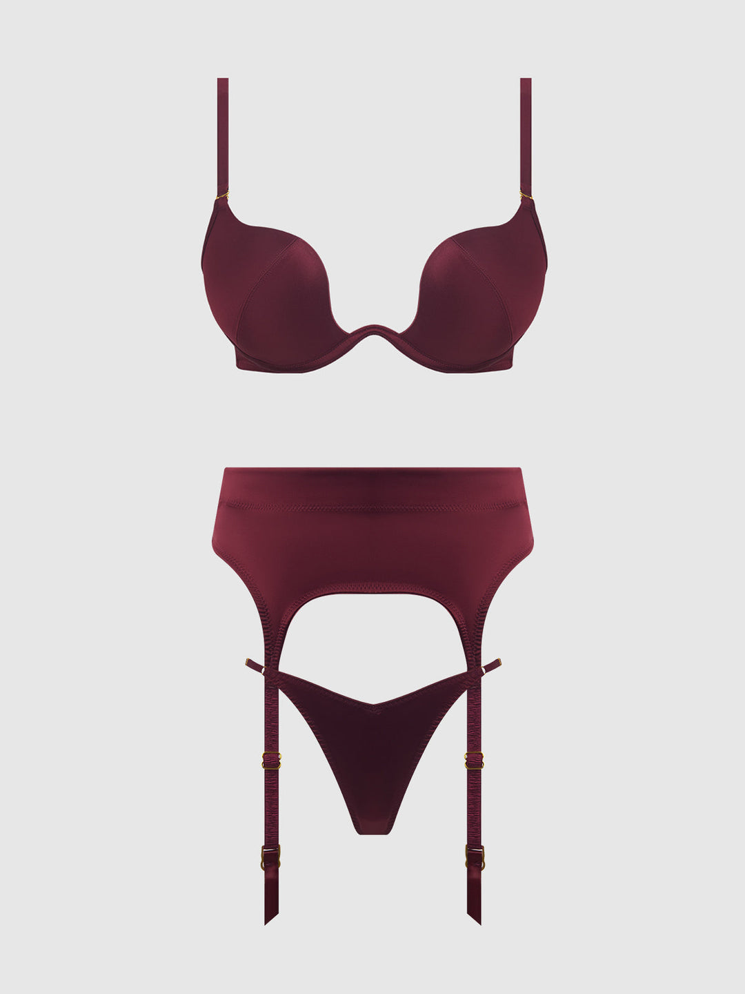 Brigeta Satin Deep Plunge Push Up Bra, Garter &amp; Thong Set from Love It Curvy