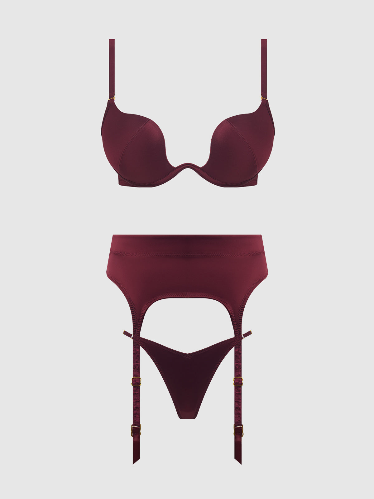 Brigeta Satin Deep Plunge Push Up Bra, Garter & Thong Set from Love It Curvy