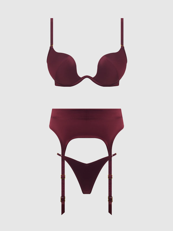 Brigeta Satin Deep Plunge Push Up Bra, Garter & Thong Set from Love It Curvy