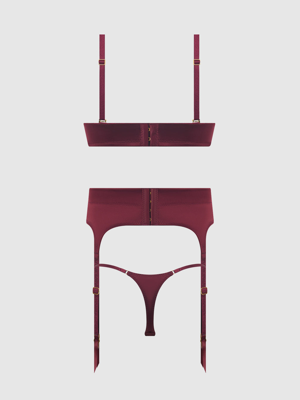 Brigeta Satin Deep Plunge Push Up Bra, Garter & Thong Set from Love It Curvy