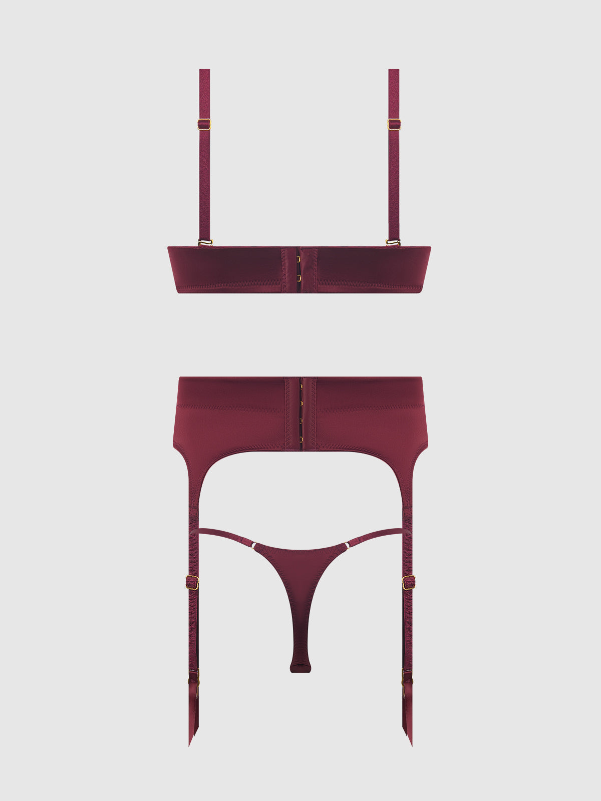 Brigeta Satin Deep Plunge Push Up Bra, Garter & Thong Set from Love It Curvy