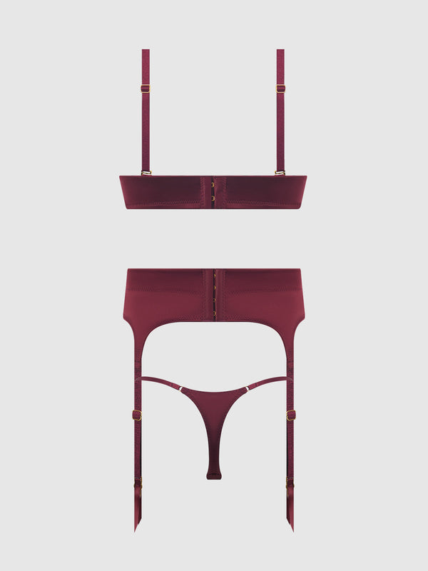 Brigeta Satin Deep Plunge Push Up Bra, Garter & Thong Set from Love It Curvy