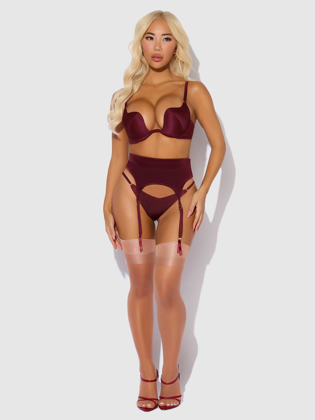 Brigeta Satin Deep Plunge Push Up Bra, Garter &amp; Thong Set from Love It Curvy