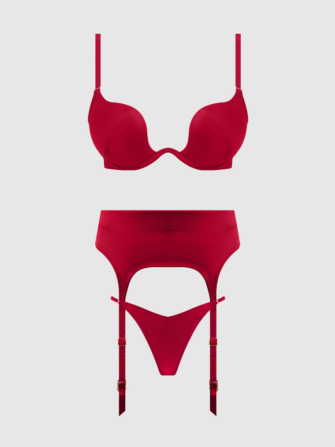 Brigeta Satin Deep Plunge Push Up Bra, Garter &amp; Thong Set from Love It Curvy