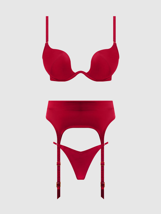 Brigeta Satin Deep Plunge Push Up Bra, Garter & Thong Set from Love It Curvy