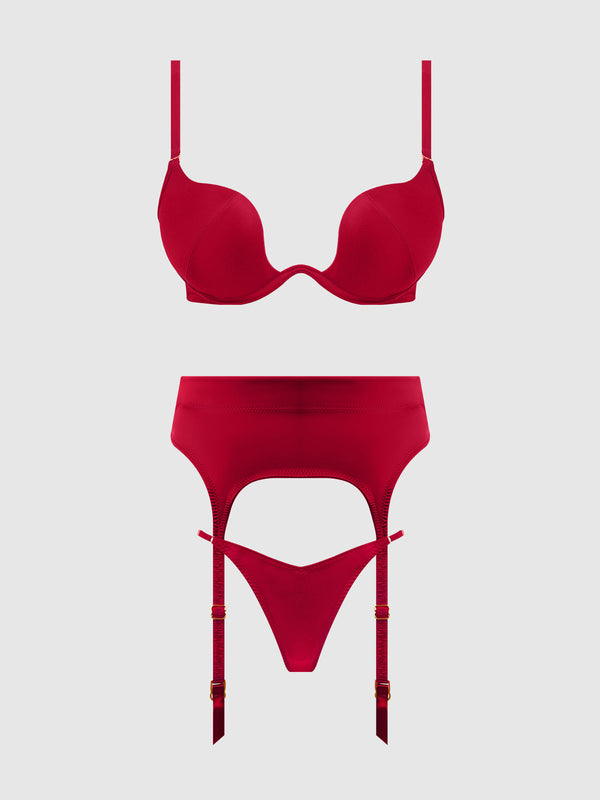 Brigeta Satin Deep Plunge Push Up Bra, Garter & Thong Set from Love It Curvy
