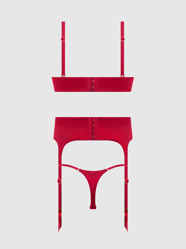 Brigeta Satin Deep Plunge Push Up Bra, Garter & Thong Set from Love It Curvy