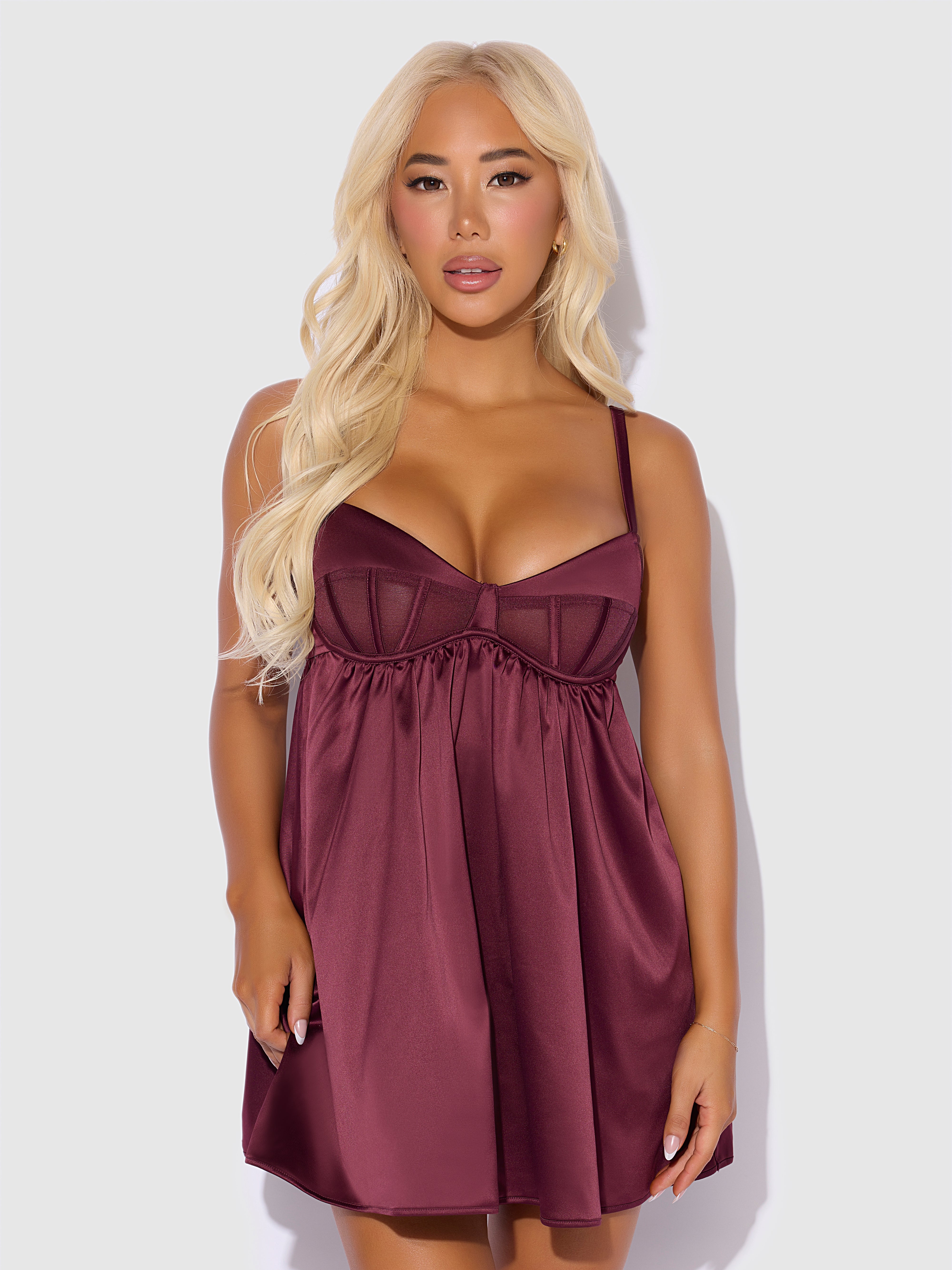 Brigeta Satin & Mesh Corsetted Babydoll & G-String Set from Love It Curvy