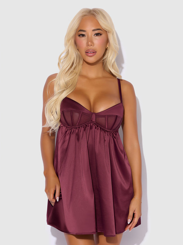 Brigeta Satin & Mesh Corsetted Babydoll & G-String Set from Love It Curvy