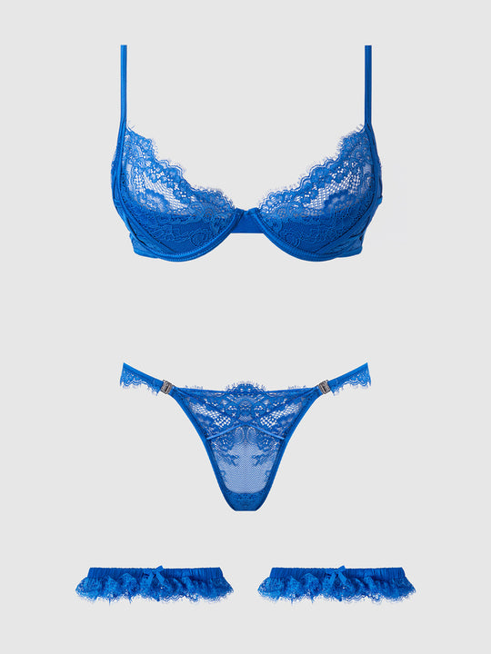 Madeline Satin & Lace Push Up Bra, Bikini & Thigh Garters Set from Love It Curvy