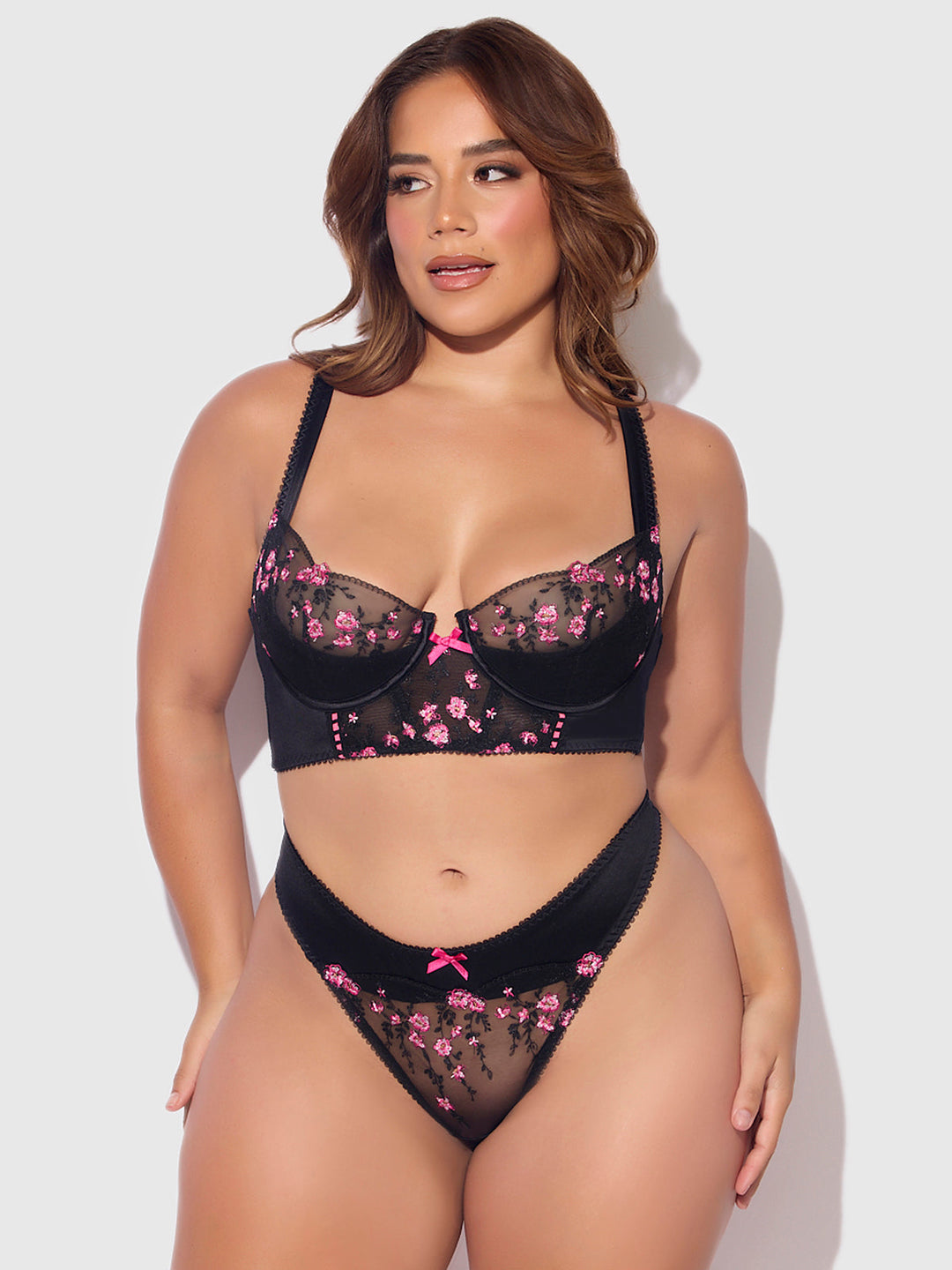 Harper Embroidered Mesh &amp; Micro Longline Bra &amp; Thong Set from Love It Curvy