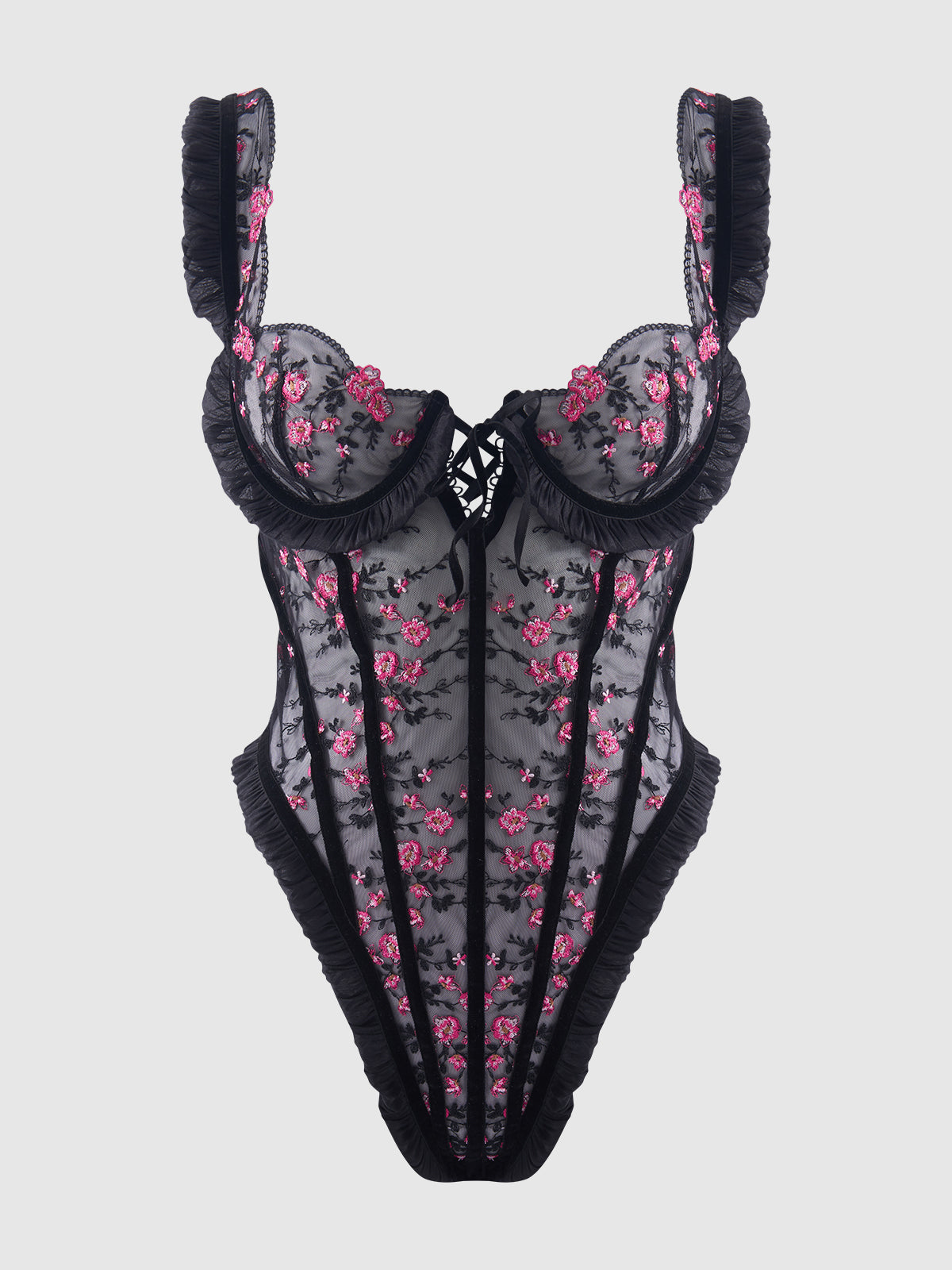Harper Embroidered Mesh & Ruffle Teddy | Love It Curvy Secondary image