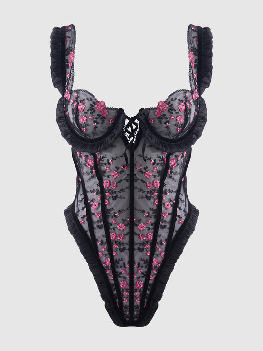 Harper Embroidered Mesh & Ruffle Teddy from Love It Curvy