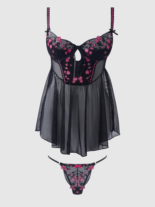 Harper Embroidered Mesh Drop Waist Babydoll & G-String Set from Love It Curvy