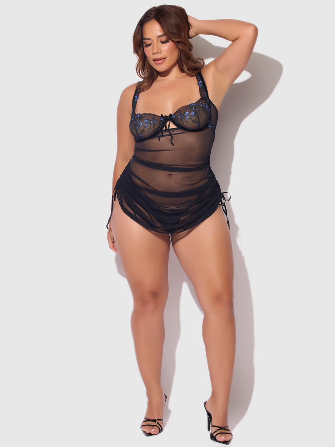 Harper Embroidered Mesh Side Cinch Chemise &amp; G-String Set from Love It Curvy