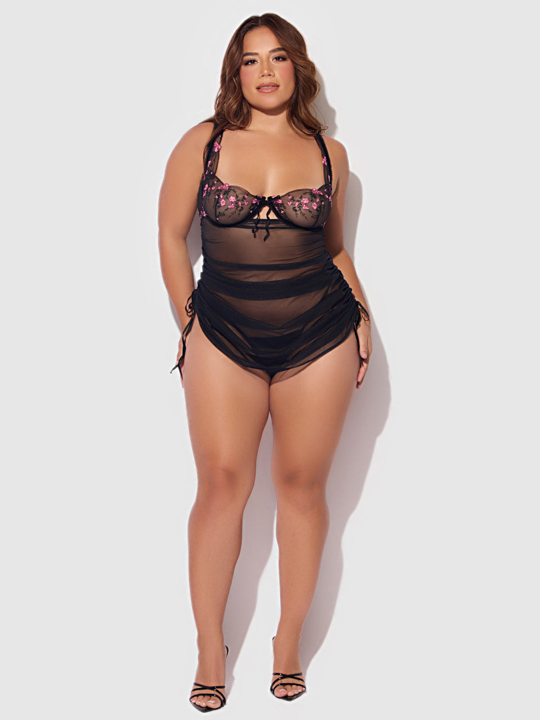 Harper Embroidered Mesh Side Cinch Chemise &amp; G-String Set from Love It Curvy