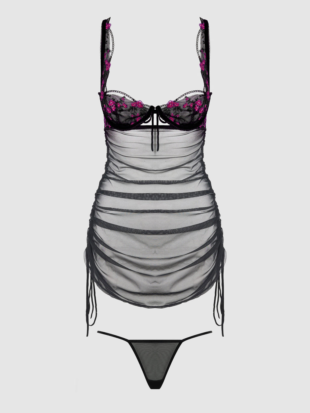 Harper Embroidered Mesh Side Cinch Chemise &amp; G-String Set from Love It Curvy