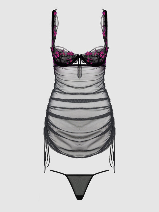 Harper Embroidered Mesh Side Cinch Chemise & G-String Set from Love It Curvy