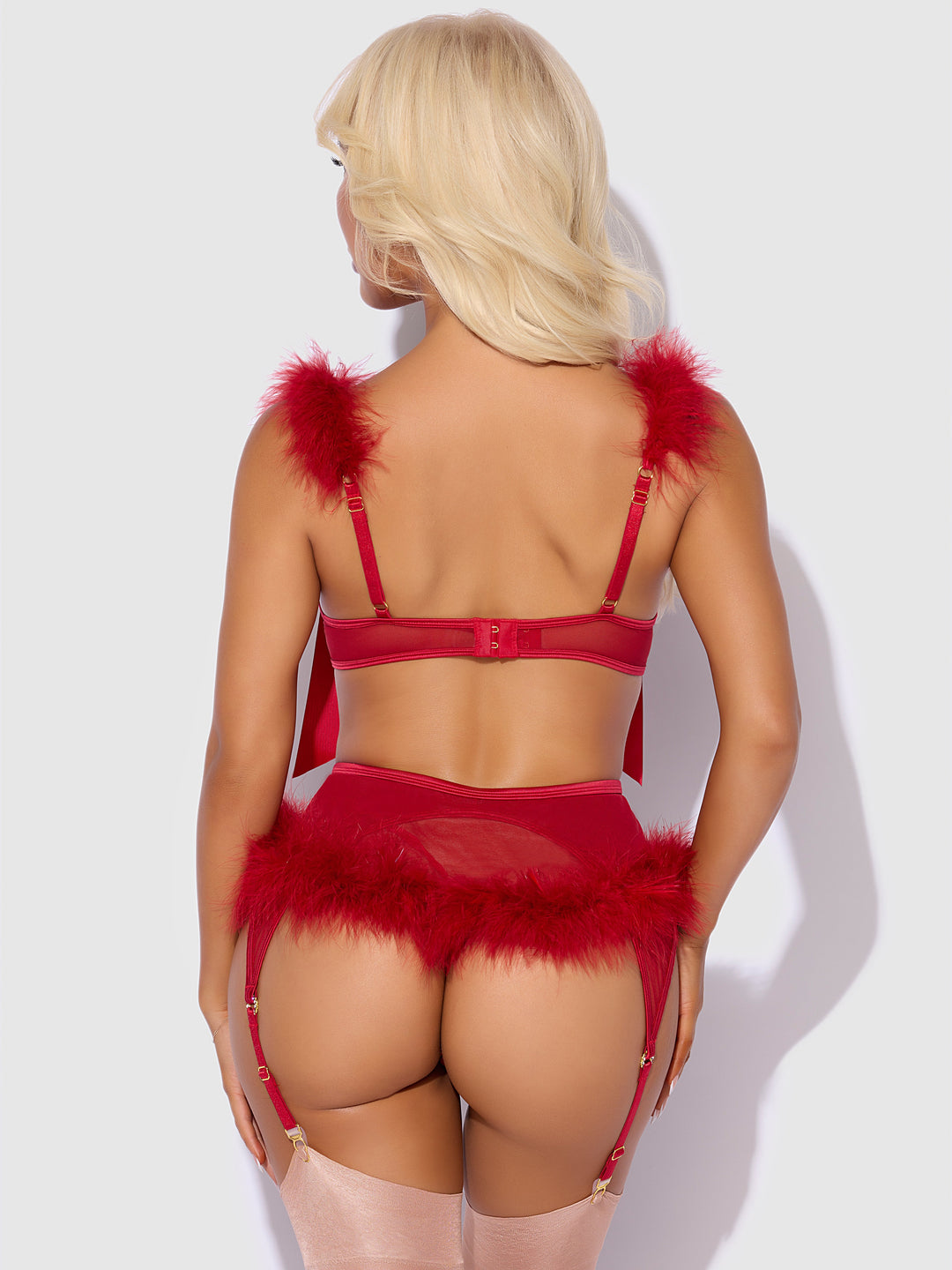 Marilyn Marabou &amp; Mesh Openable Bra, Garter, &amp; G-String Set from Love It Curvy