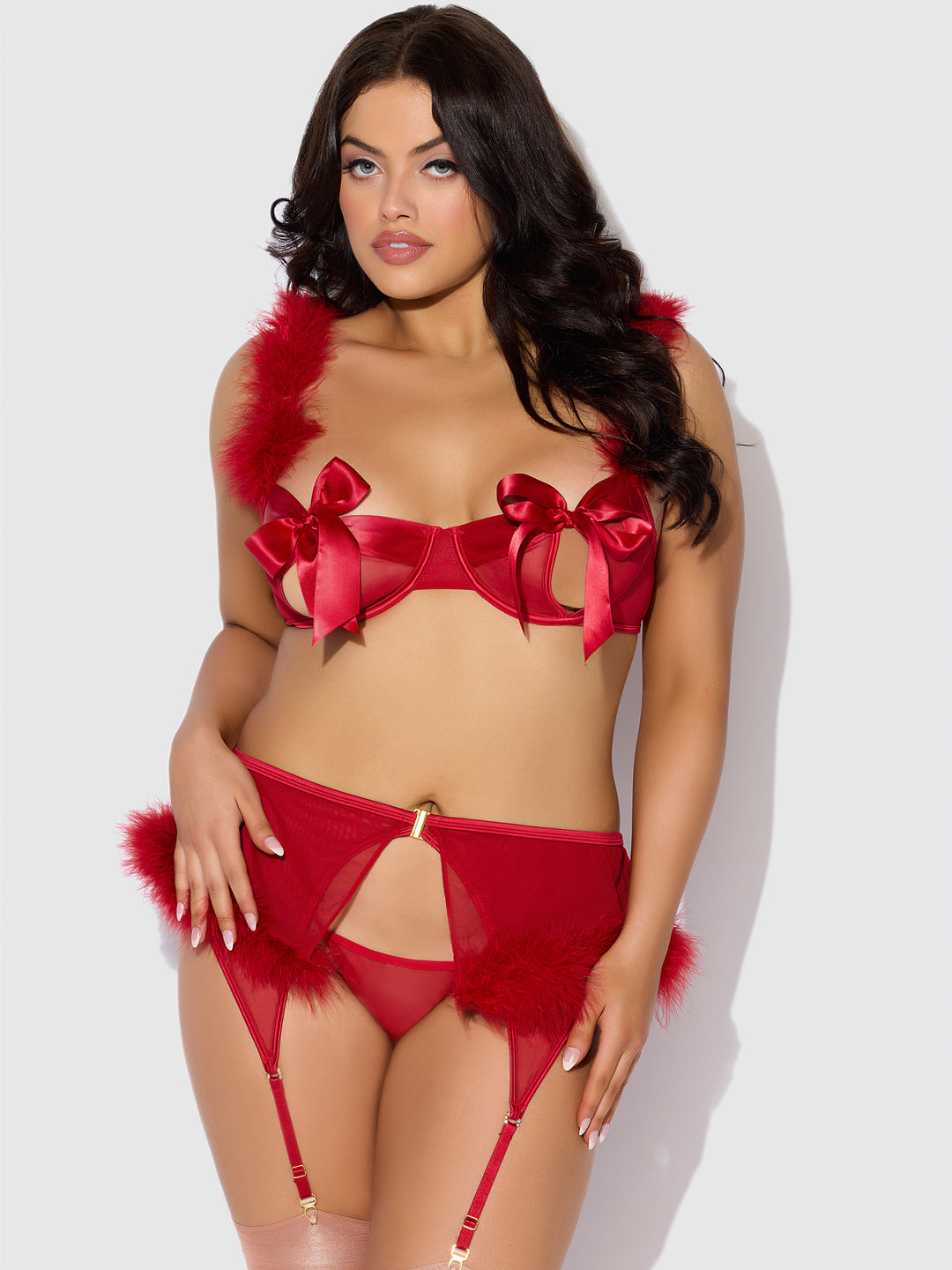 Marilyn Marabou &amp; Mesh Openable Bra, Garter, &amp; G-String Set from Love It Curvy