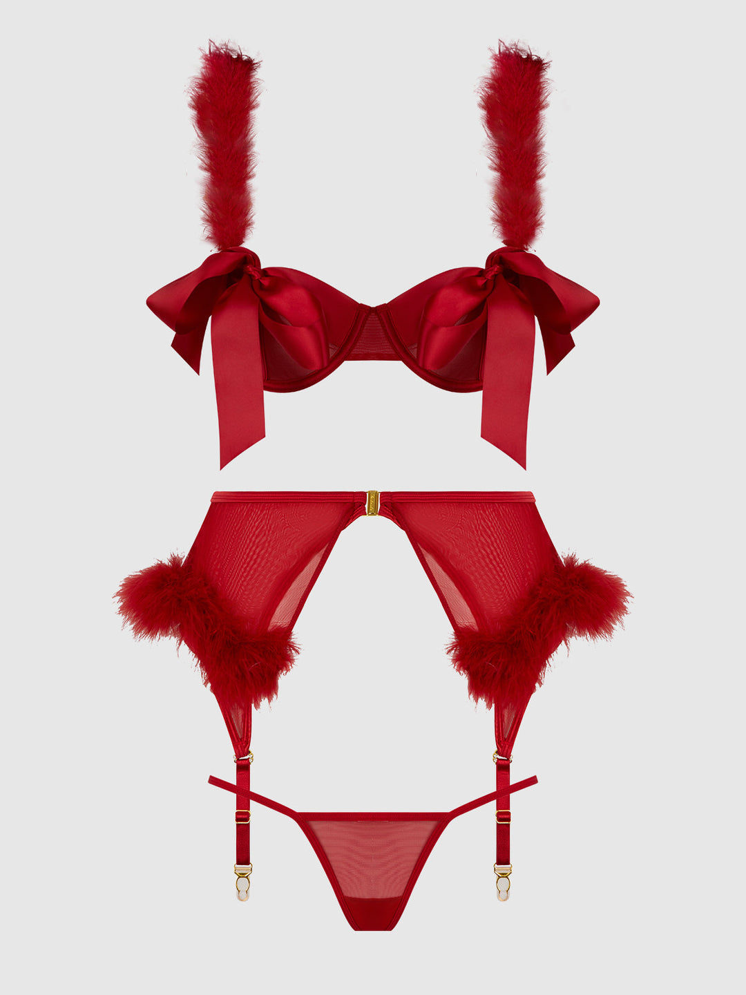 Marilyn Marabou &amp; Mesh Openable Bra, Garter, &amp; G-String Set from Love It Curvy