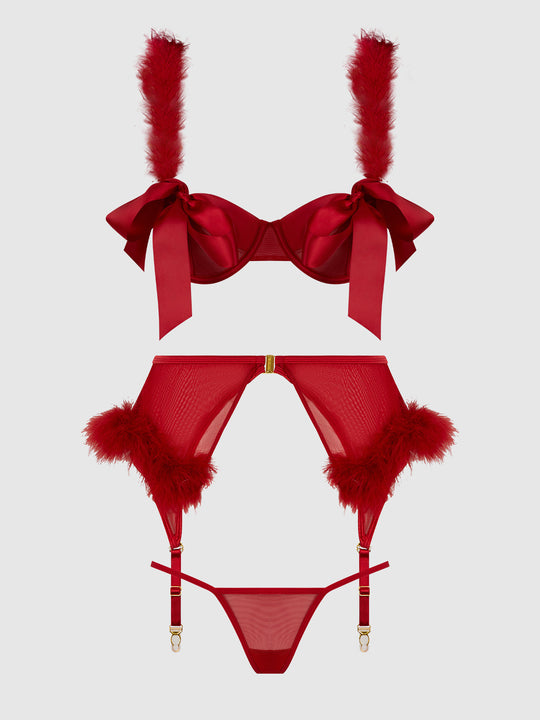 Marilyn Marabou & Mesh Openable Bra, Garter, & G-String Set from Love It Curvy