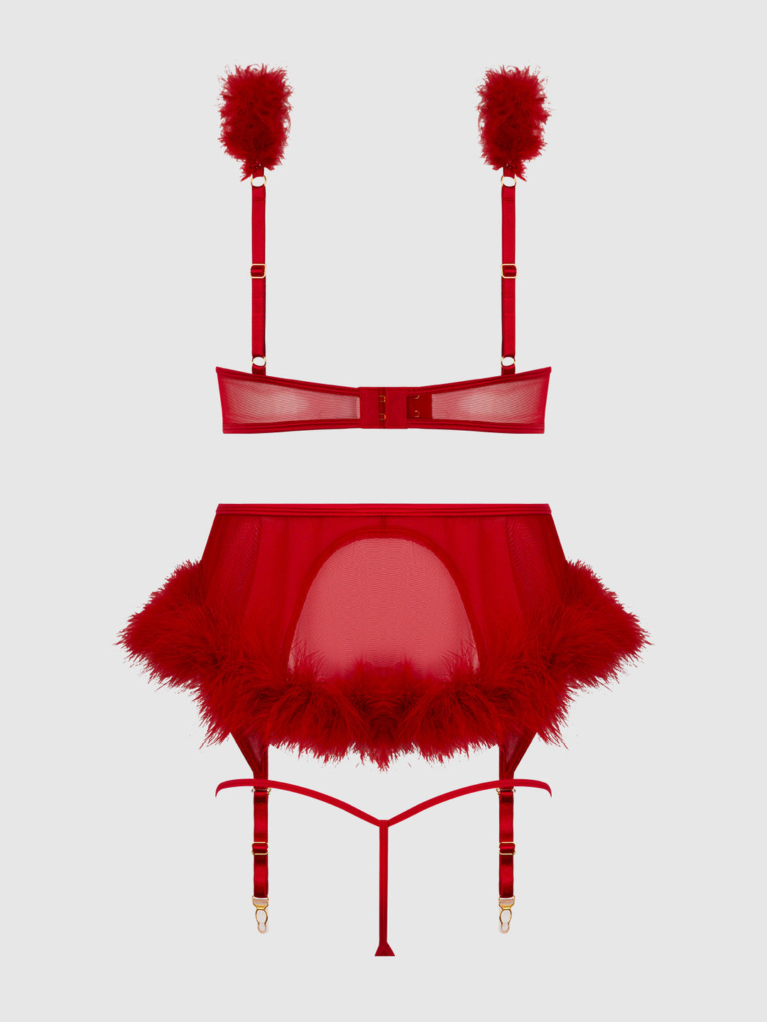 Marilyn Marabou &amp; Mesh Openable Bra, Garter, &amp; G-String Set from Love It Curvy