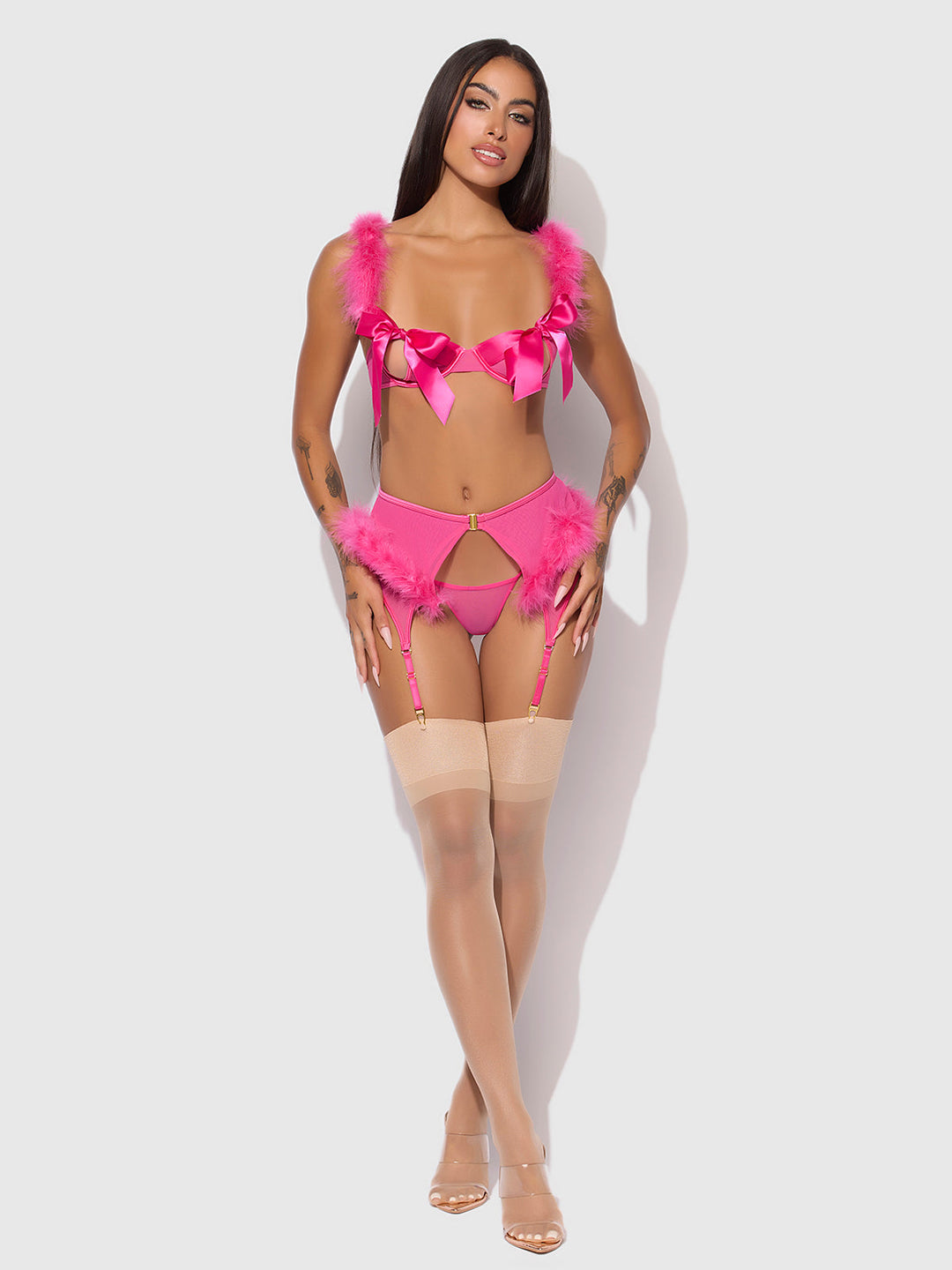 Marilyn Marabou &amp; Mesh Openable Bra, Garter, &amp; G-String Set from Love It Curvy